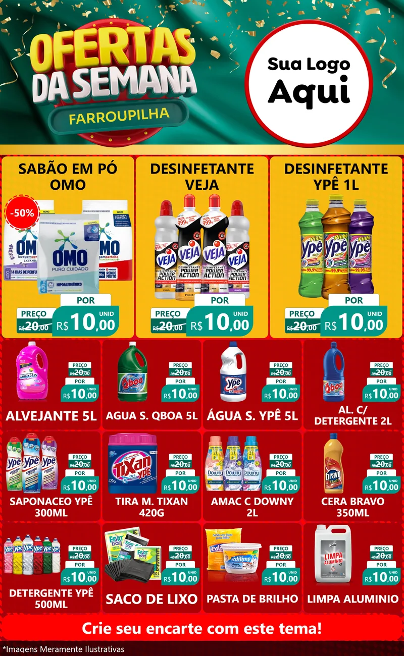 Modelo de Encarte para Encarte Grande com o tema Ofertas da Semana Farroupilha para Produtos de Limpeza