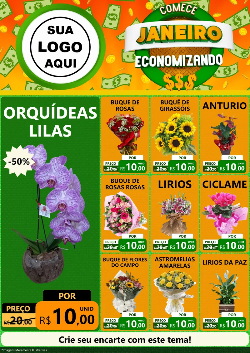 Modelo de Encarte para Encarte A4 Vertical com o tema Comece Janeiro Economizando para Floricultura e jardim