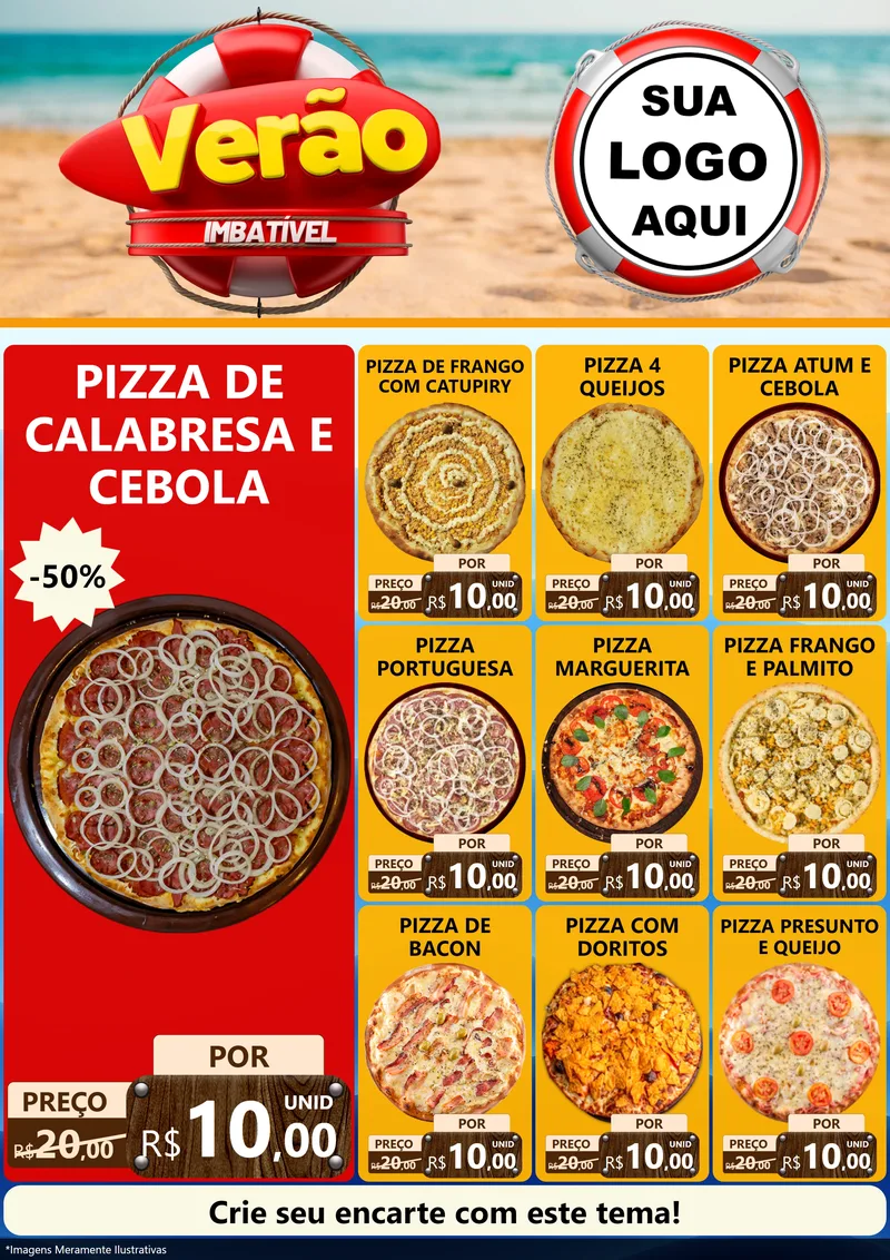Modelo de Encarte para Encarte A4 Vertical com o tema Verão Imbatível para Pizzaria