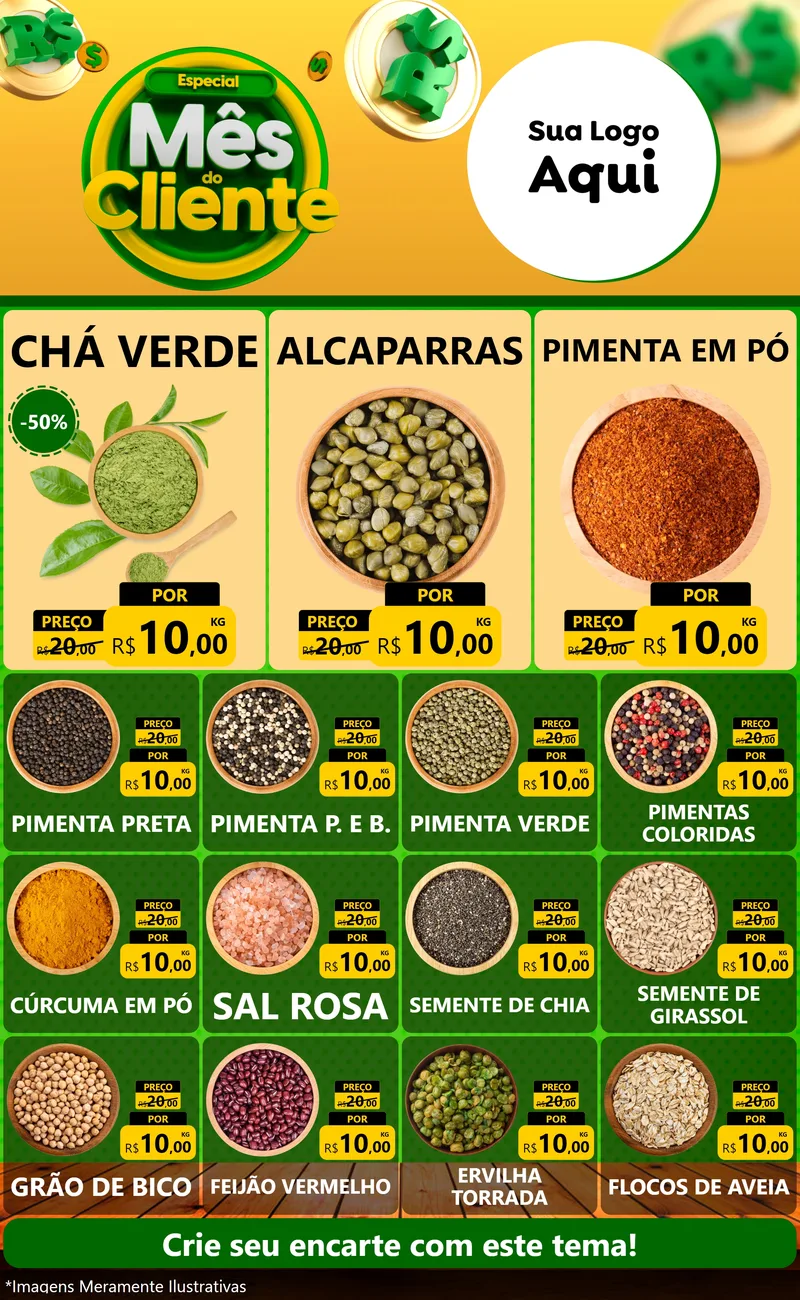 Modelo de Encarte para Encarte Grande com o tema Especial Mês do Cliente para Produtos Naturais