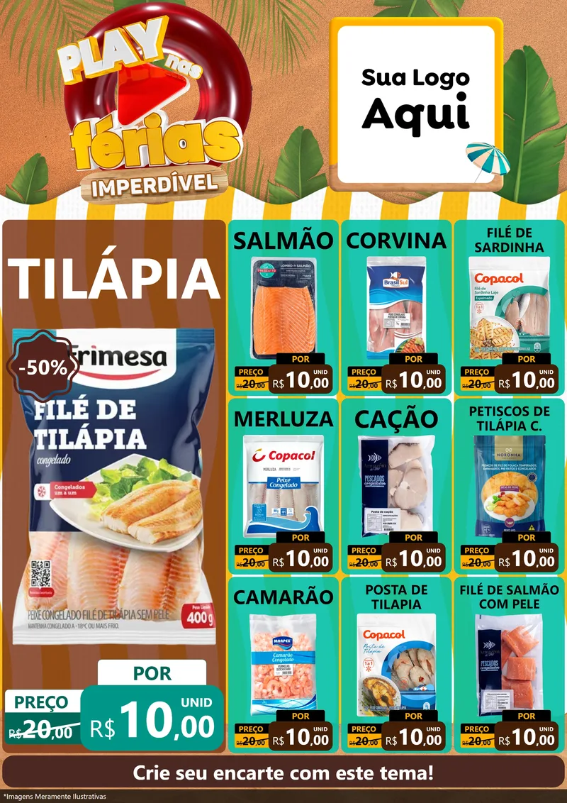 Modelo de Encarte para Encarte A4 Vertical com o tema Play Nas Férias Imperdível para Peixaria