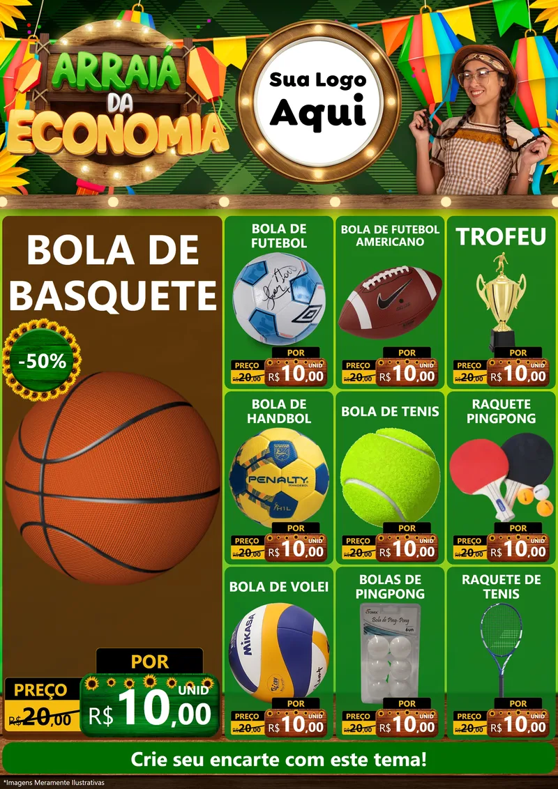 Modelo de Encarte para Encarte A4 Vertical com o tema Arraiá de Economia para Artigos Esportivos