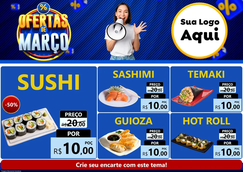 Modelo de Encarte para Encarte A4 Horizontal com o tema Ofertas de Março para Comida japonesa