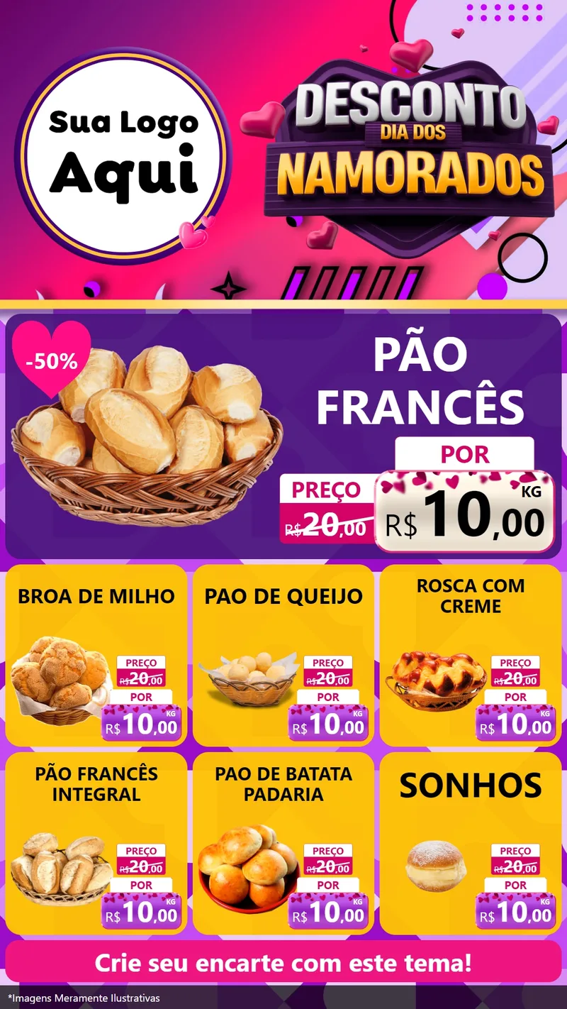 Modelo de Rede Social para Stories com o tema Desconto Dia dos Namorados para Padaria