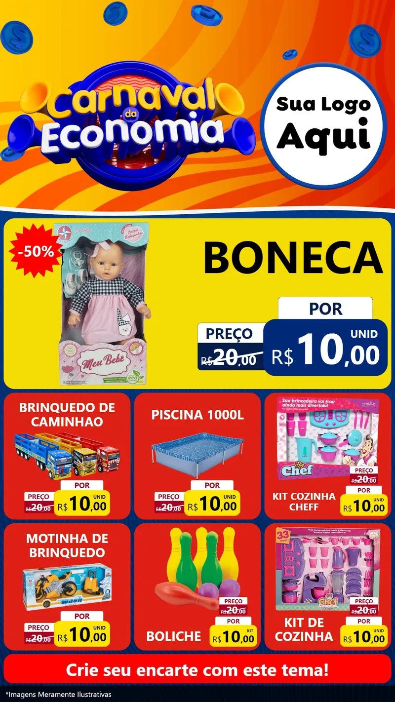 Modelo de Rede Social para Stories com o tema Carnaval da Economia para Brinquedos