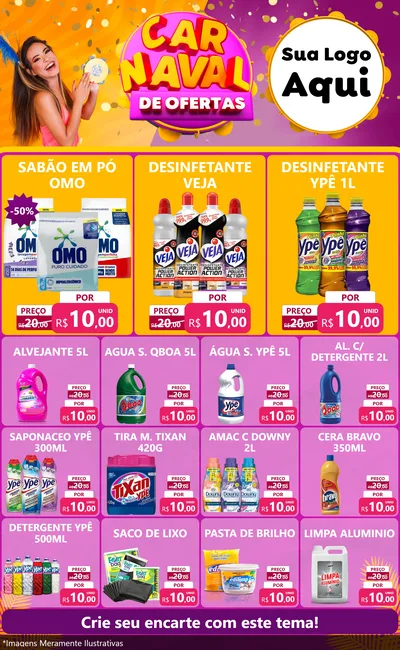 Modelo de Encarte para Encarte Grande com o tema Carnaval de Ofertas para Produtos de Limpeza