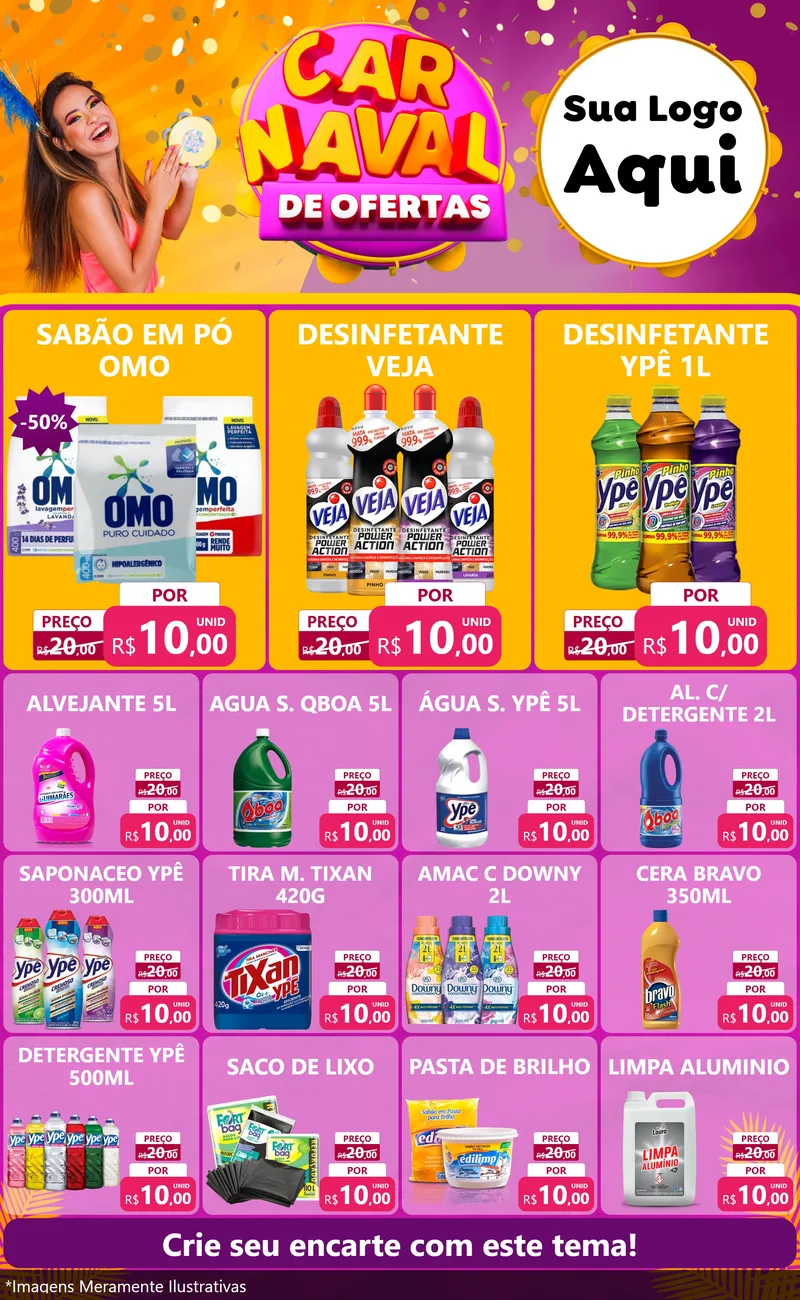 Modelo de Encarte para Encarte Grande com o tema Carnaval de Ofertas para Produtos de Limpeza