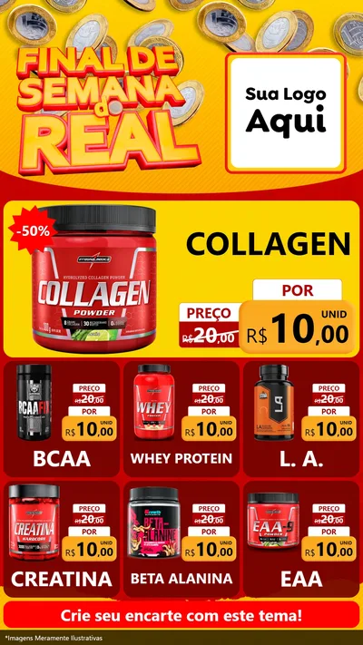 Modelo de Rede Social para Stories com o tema Final de Semana do Real para Suplementos alimentares