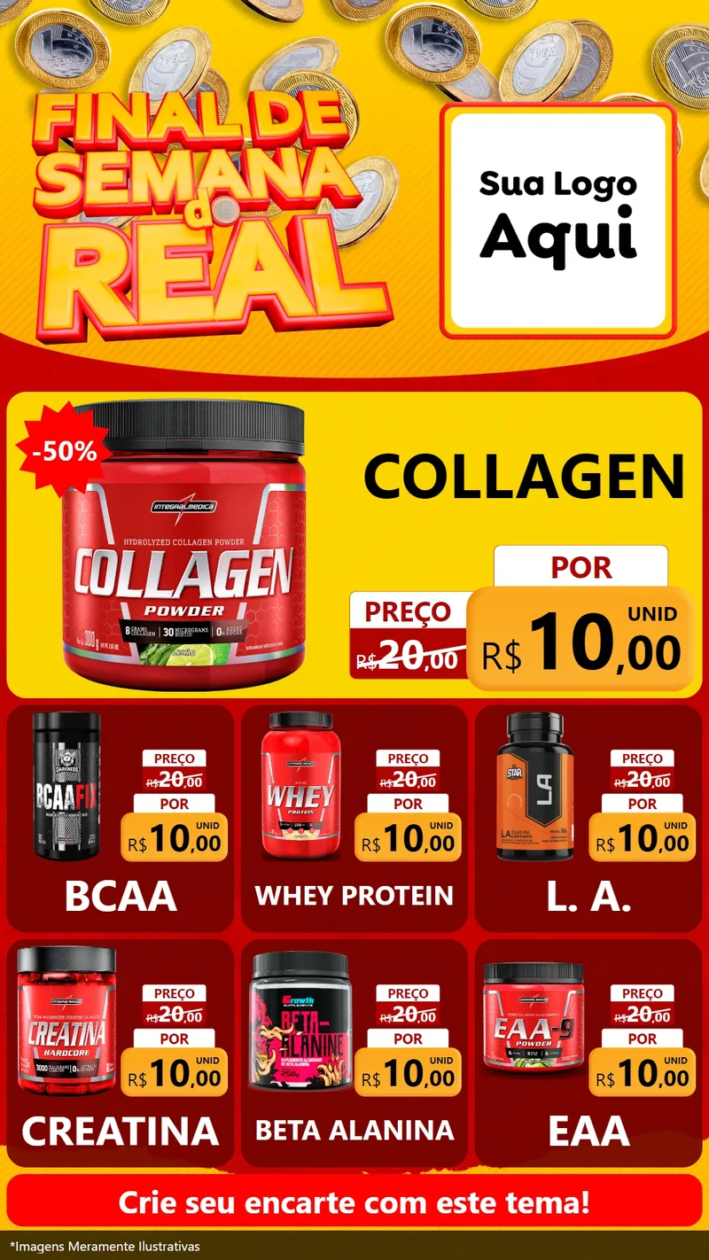 Modelo de Rede Social para Stories com o tema Final de Semana do Real para Suplementos alimentares