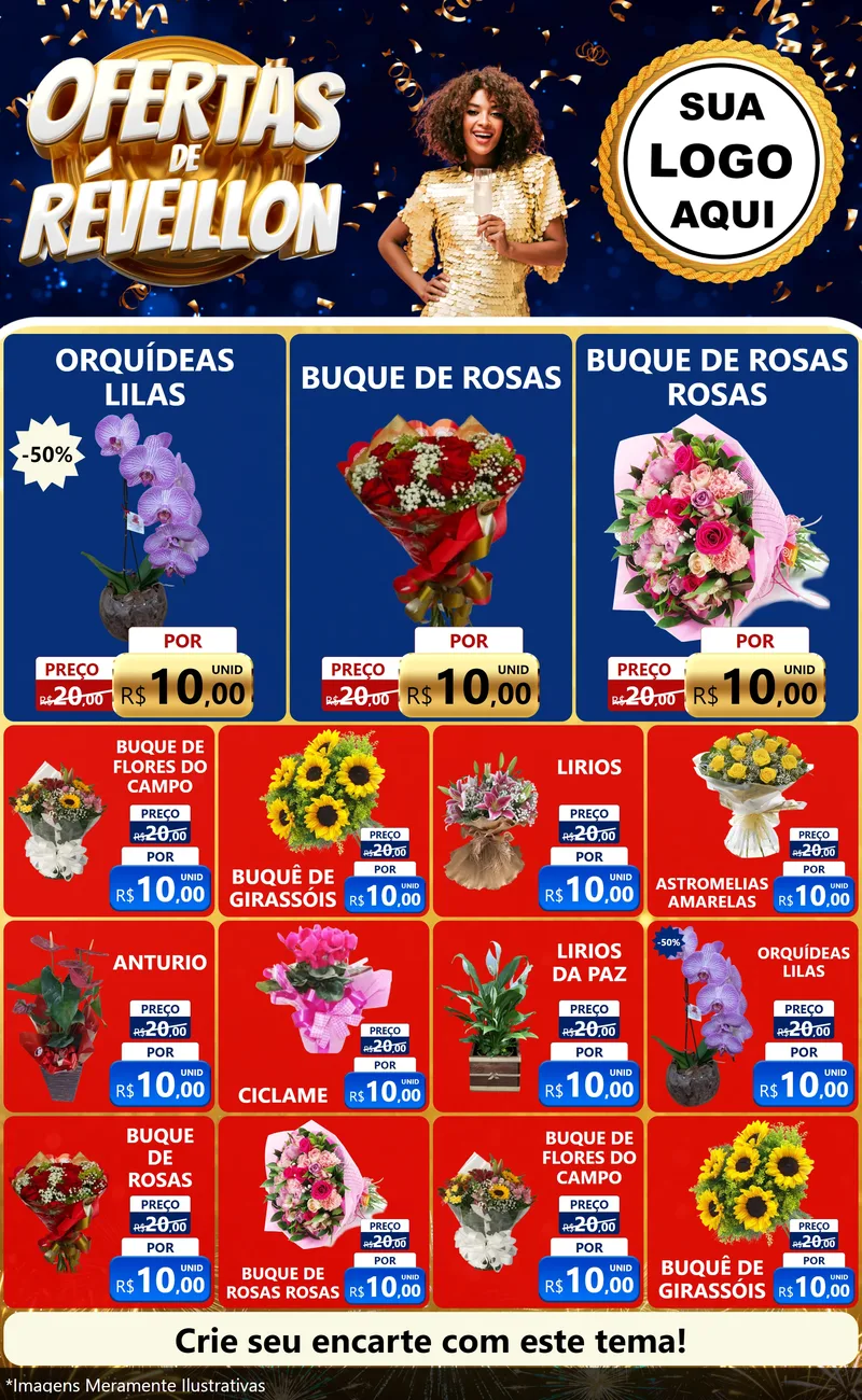 Modelo de Encarte para Encarte Grande com o tema Ofertas de Réveillon para Floricultura e jardim