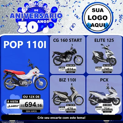 Modelo de Rede Social para Feed Facebook com o tema Promoção de Aniversário - 30 Anos para Concessionaria de Motos