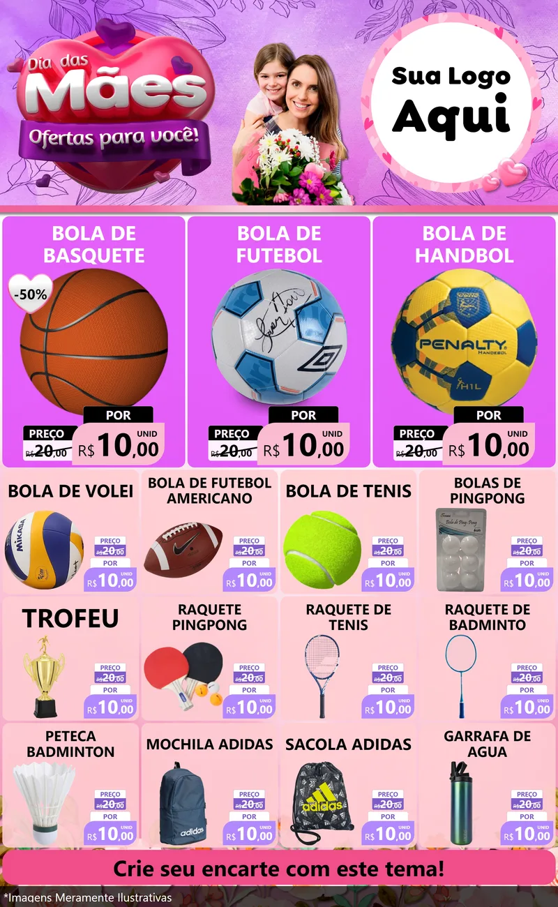 Modelo de Encarte para Encarte Grande com o tema Dia das Mães Ofertas para Você! para Artigos Esportivos