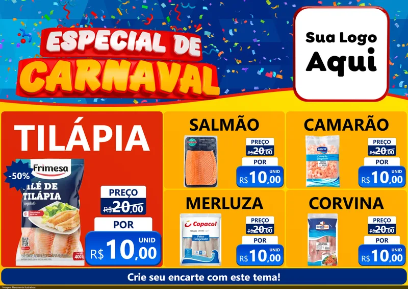 Modelo de Encarte para Encarte A4 Horizontal com o tema Especial de Carnaval para Peixaria