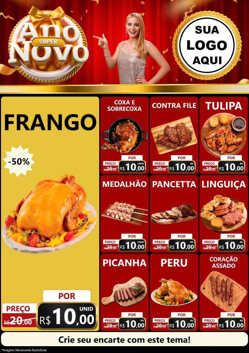 Modelo de Encarte para Encarte A4 Vertical com o tema Super Ano Novo para Assados