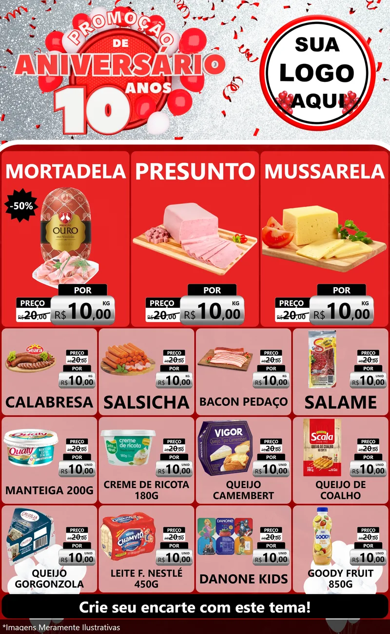 Modelo de Encarte para Encarte Grande com o tema Promoção de Aniversário - 10 Anos para Frios e Laticínios
