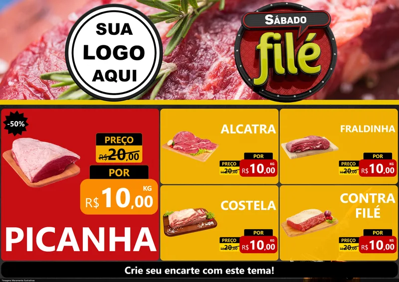 Modelo de Encarte para Encarte A4 Horizontal com o tema Sábado Filé para Açougue