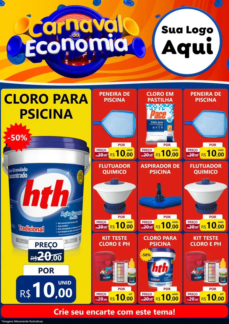 Modelo de Encarte para Encarte A4 Vertical com o tema Carnaval da Economia para Produtos para Piscina