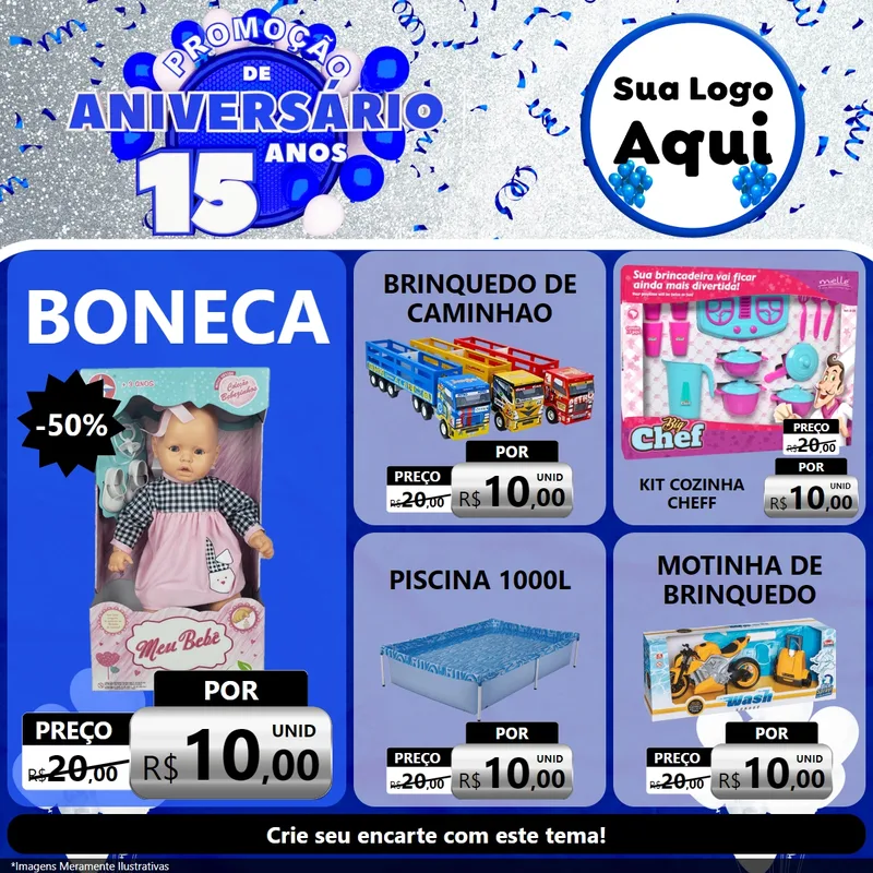 Modelo de Rede Social para Feed Facebook com o tema Promoção de Aniversário - 15 Anos para Brinquedos