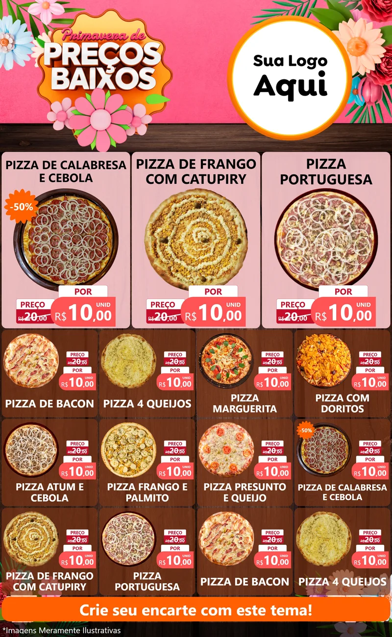 Modelo de Encarte para Encarte Grande com o tema Primavera de Preços Baixos para Pizzaria