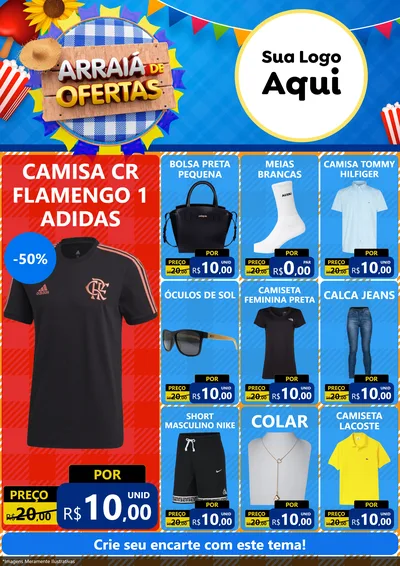 Modelo de Encarte para Encarte A4 Vertical com o tema Arraiá de Ofertas para Roupas e acessórios
