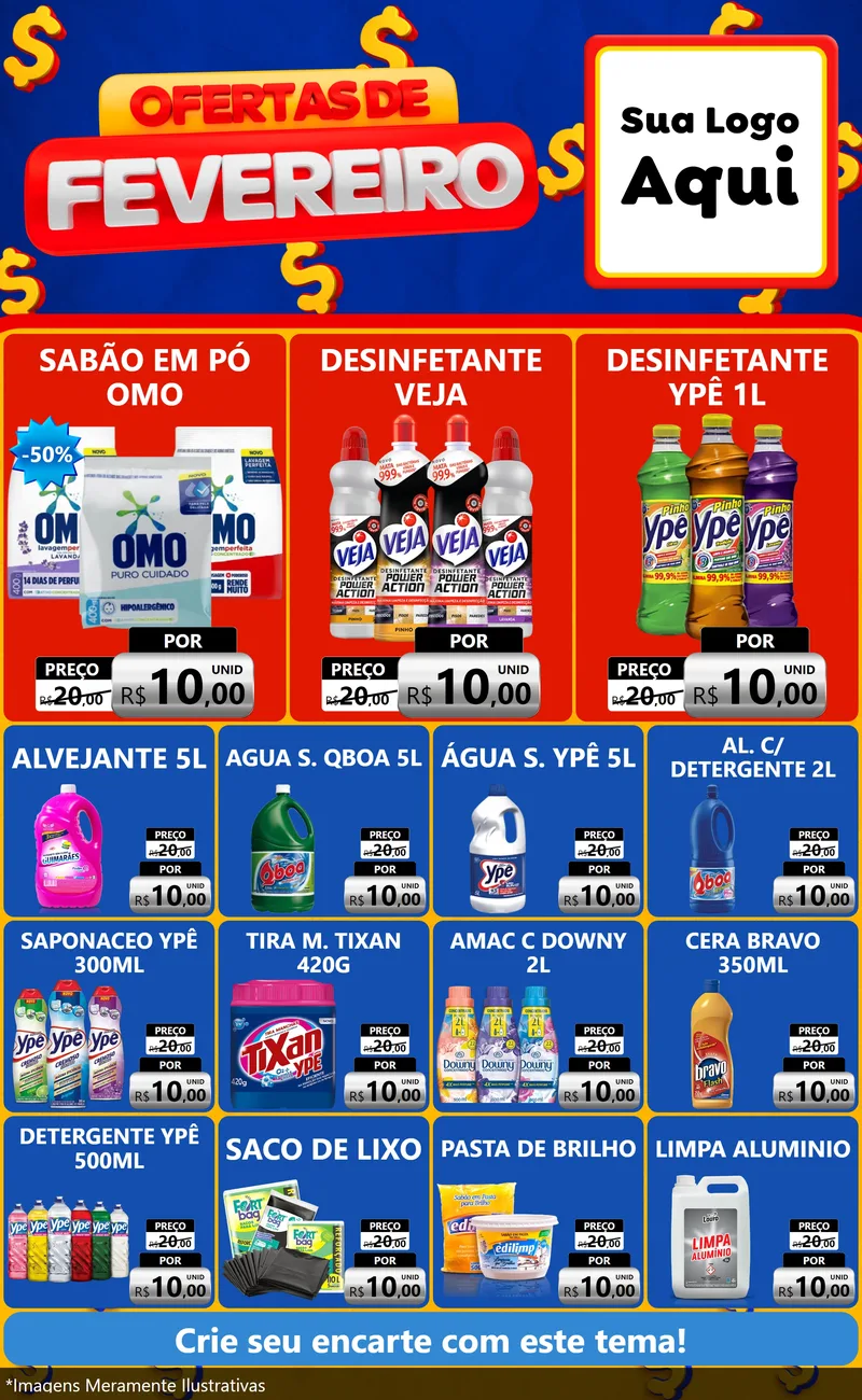 Modelo de Encarte para Encarte Grande com o tema Ofertas de Fevereiro para Produtos de Limpeza