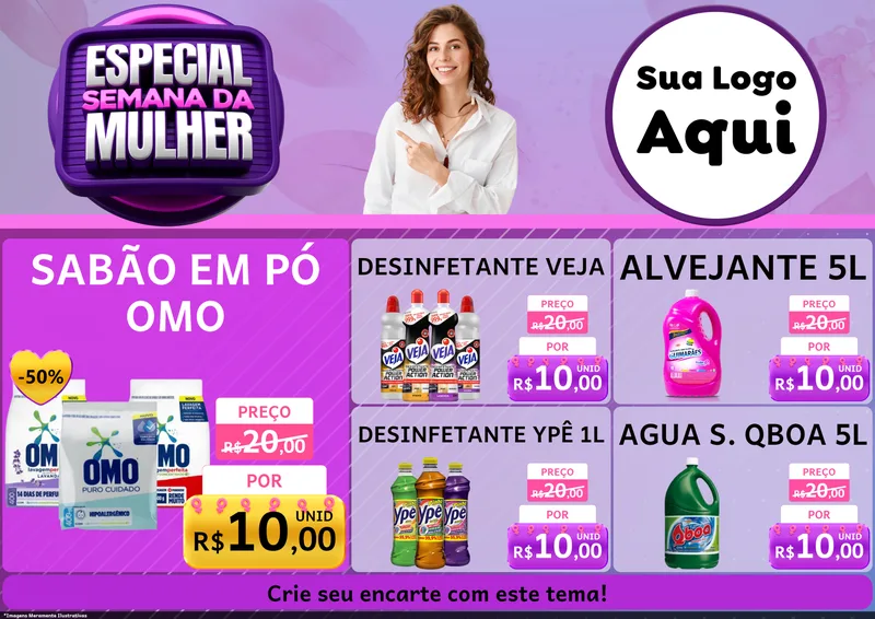 Modelo de Encarte para Encarte A4 Horizontal com o tema Especial Semana da Mulher para Produtos de Limpeza