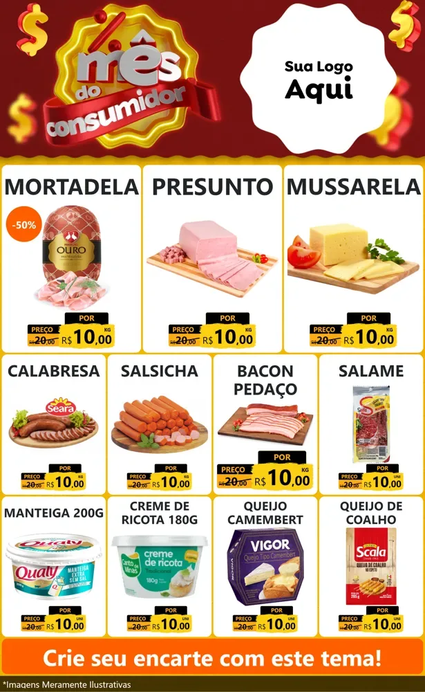 Modelo de Encarte para Encarte Grande com o tema Mês do consumidor para Frios e Laticínios