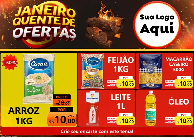 Modelo de Encarte para Encarte A4 Horizontal com o tema Janeiro Quente de Ofertas para Supermercado