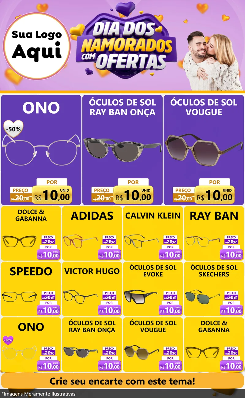 Modelo de Encarte para Encarte Grande com o tema Dia Dos Namorados Com Ofertas para Óticas