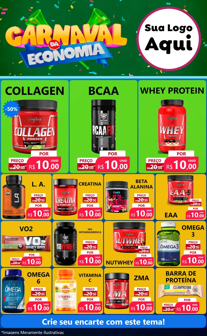 Modelo de Encarte para Encarte Grande com o tema Carnaval da Economia para Suplementos alimentares
