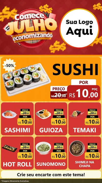 Modelo de Rede Social para Stories com o tema Comece Julho Economizando para Comida japonesa