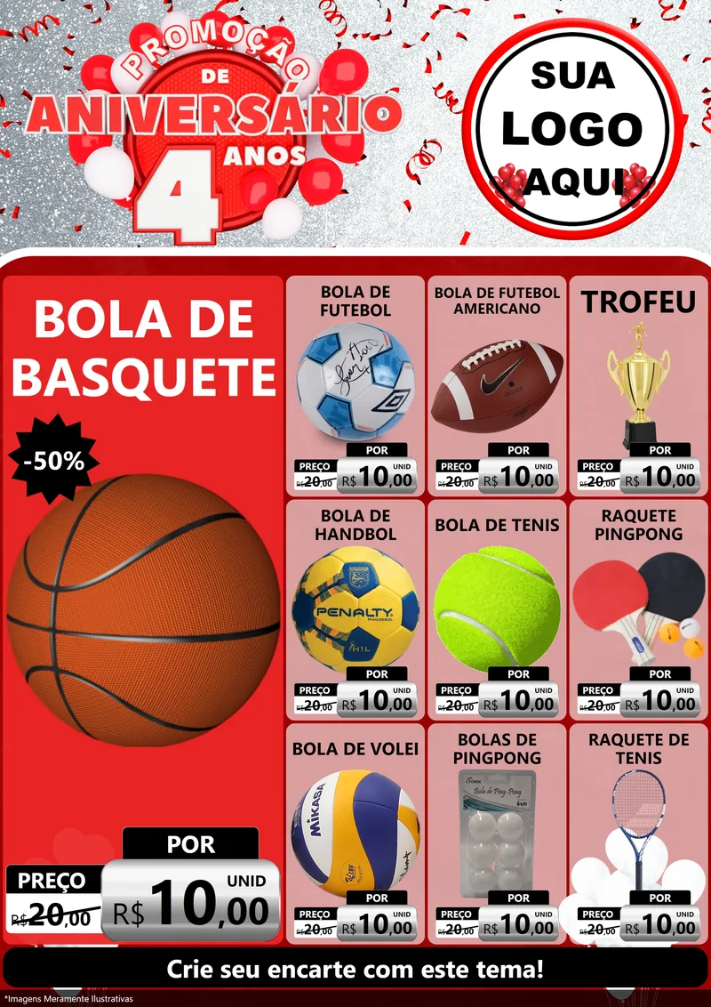 Modelo de Encarte para Encarte A4 Vertical com o tema Promoção de Aniversário - 4 Anos para Artigos Esportivos