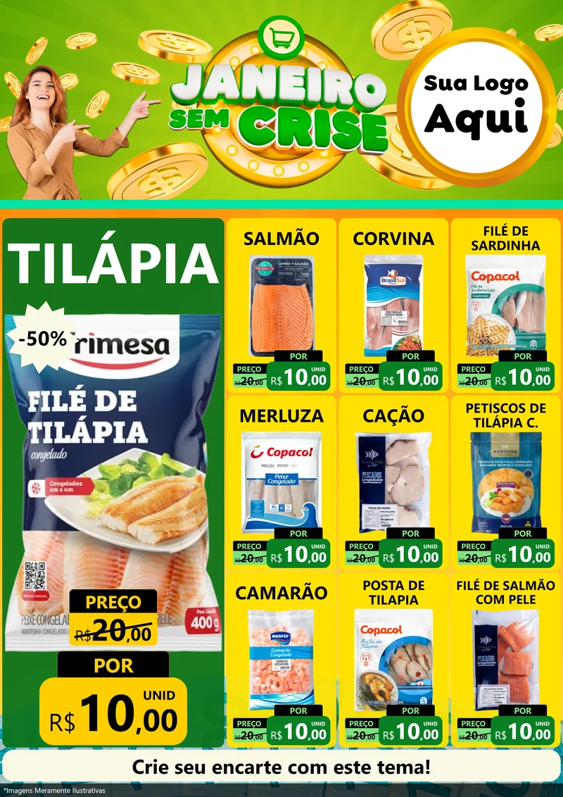 Modelo de Encarte para Encarte A4 Vertical com o tema Janeiro Sem Crise para Peixaria