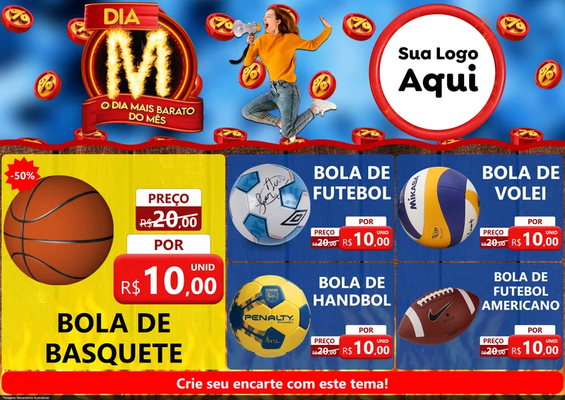 Modelo de Encarte para Encarte A4 Horizontal com o tema Dia M - O Dia Mais Barato Do Mês para Artigos Esportivos