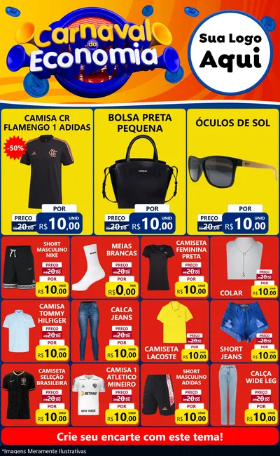 Modelo de Encarte para Encarte Grande com o tema Carnaval da Economia para Roupas e acessórios