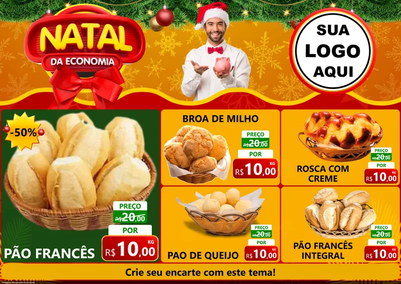 Modelo de Encarte para Encarte A4 Horizontal com o tema Natal da Economia para Padaria