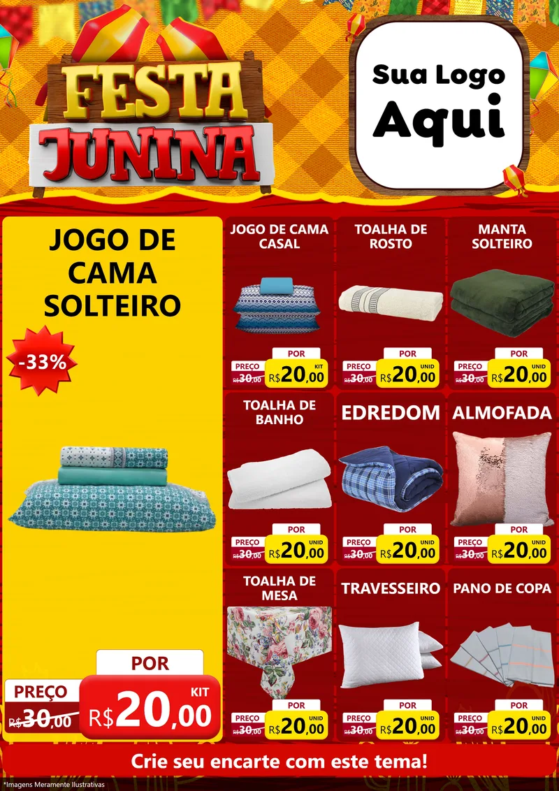 Modelo de Encarte para Encarte A4 Vertical com o tema Festa Junina para Cama, Mesa e Banho