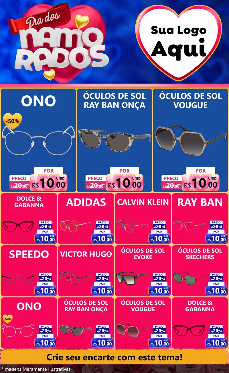 Modelo de Encarte para Encarte Grande com o tema Dia dos namorados para Óticas