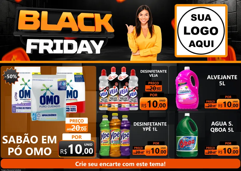 Modelo de Encarte para Encarte A4 Horizontal com o tema Black Friday para Produtos de Limpeza
