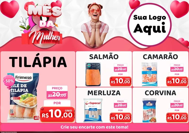 Modelo de Encarte para Encarte A4 Horizontal com o tema Mês da Mulher para Peixaria