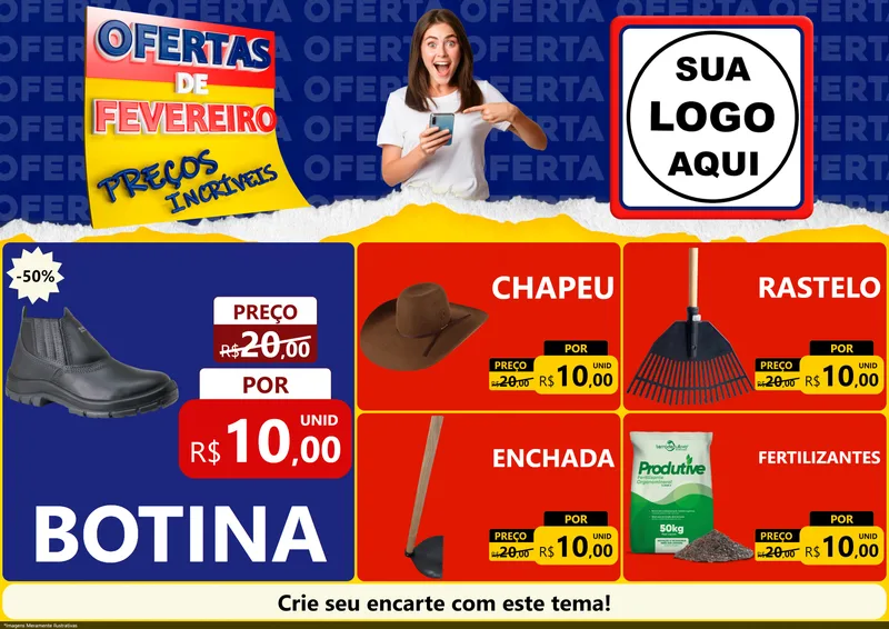 Modelo de Encarte para Encarte A4 Horizontal com o tema Ofertas de Fevereiro - Preços Incríveis para Agropecuária