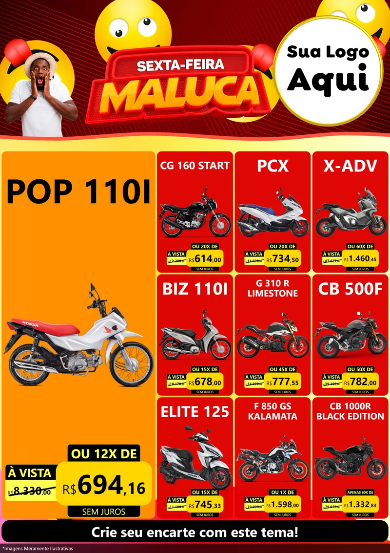 Modelo de Encarte para Encarte A4 Vertical com o tema Sexta-feira Maluca para Concessionaria de Motos