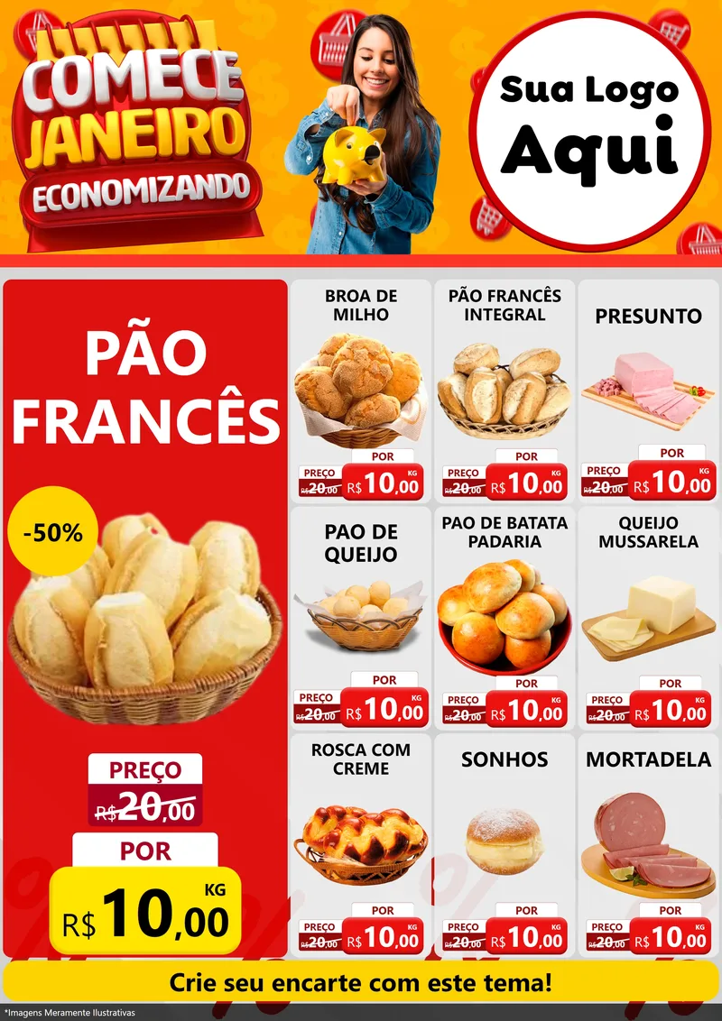 Modelo de Encarte para Encarte A4 Vertical com o tema Comece Janeiro Economizando para Padaria