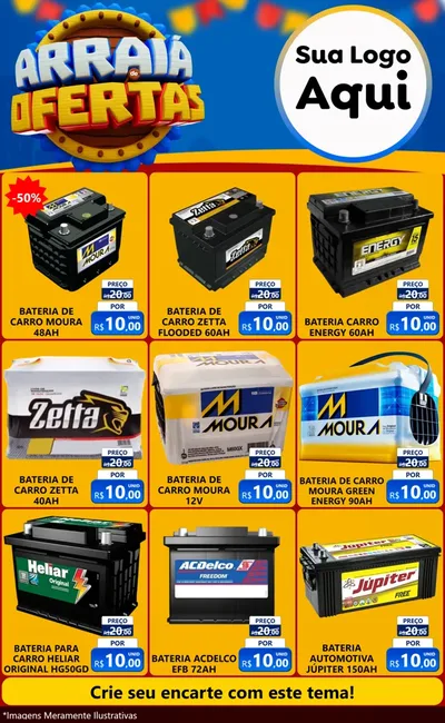 Modelo de Encarte para Encarte Grande com o tema Arraiá de Ofertas - Junina para Baterias Elétricas