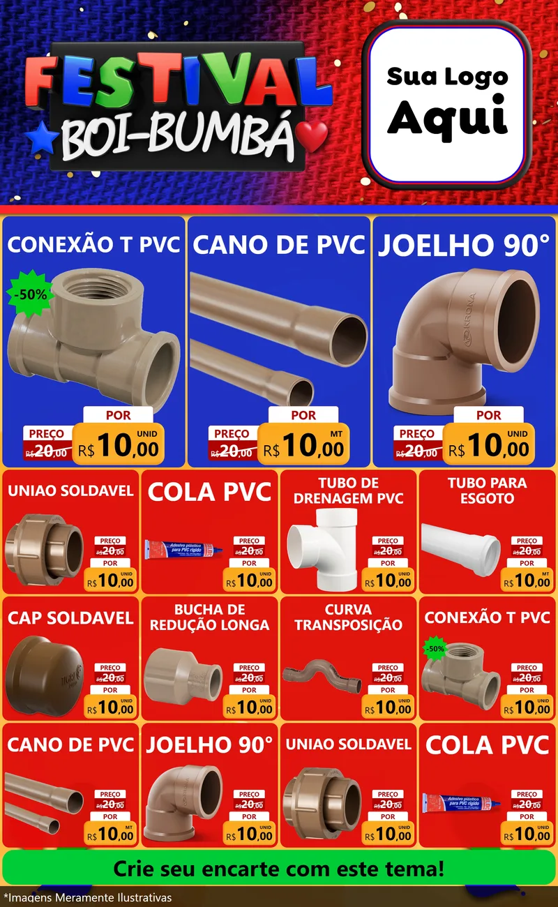Modelo de Encarte para Encarte Grande com o tema Festival Boi-Bumbá para Tubos e conexões