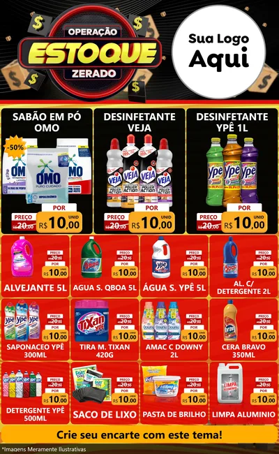 Modelo de Encarte para Encarte Grande com o tema Operação Estoque Zerado para Produtos de Limpeza