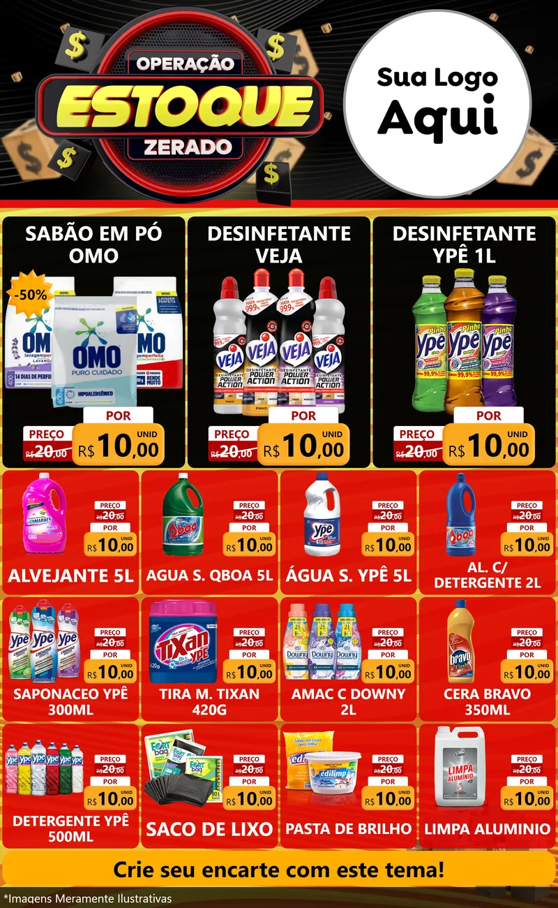 Modelo de Encarte para Encarte Grande com o tema Operação Estoque Zerado para Produtos de Limpeza