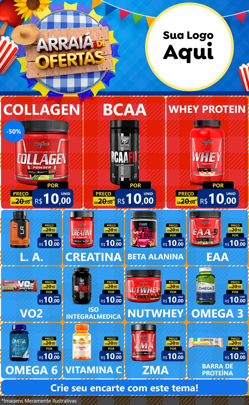 Modelo de Encarte para Encarte Grande com o tema Arraiá de Ofertas para Suplementos alimentares