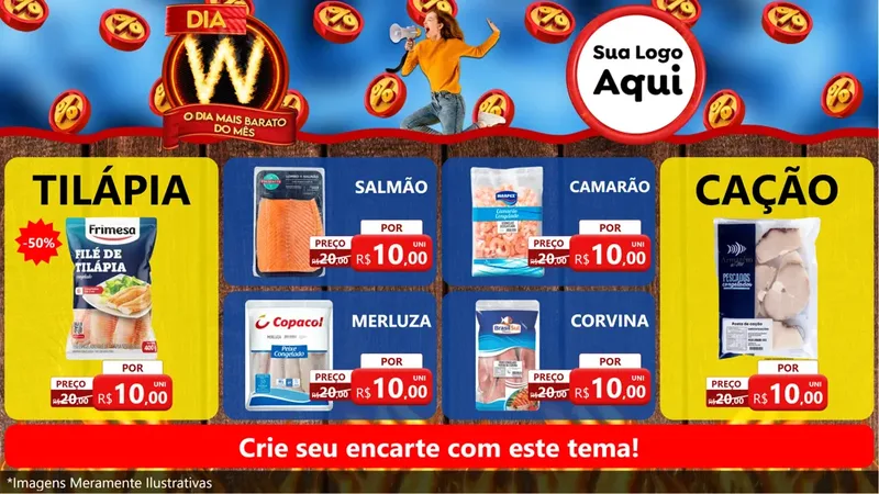 Modelo de TV para TV Horizontal com o tema Dia W - O Dia Mais Barato Do Mês para Peixaria