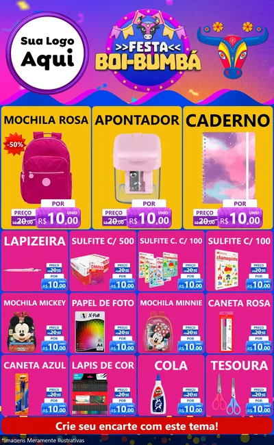 Modelo de Encarte para Encarte Grande com o tema Festa Boi-Bumbá para Papelaria